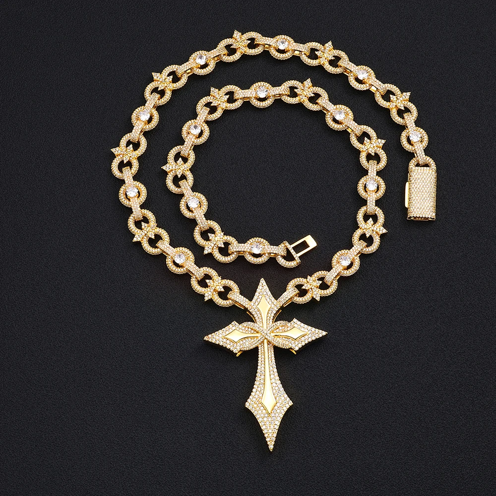 Iced Out Gothic Cross Pendant Necklace For Men Women Full Paved Cubic Zirconia Thick Interlock Chain Hip Hop Religious Jewelry