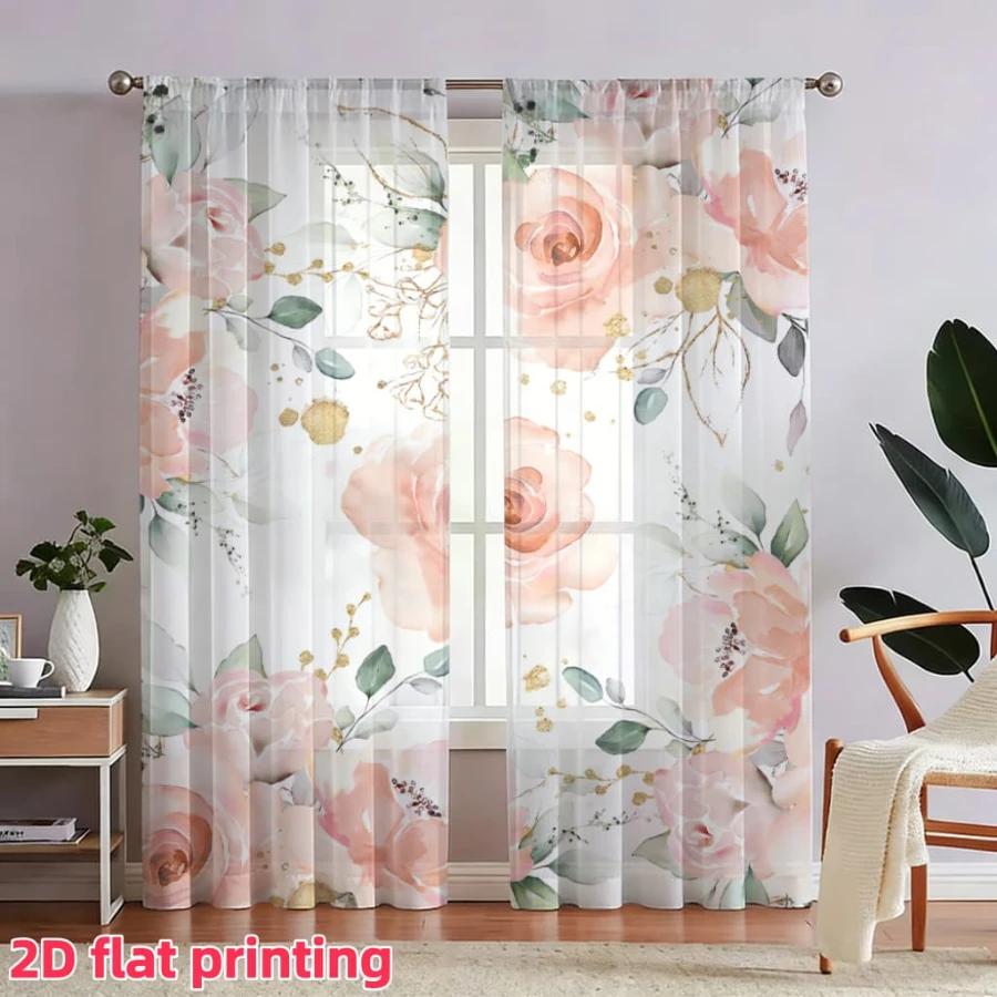 2PCS Digital Printed Sheer Curtain, Peach Rose Flower Print, Soft Romantic Pastel Floral for Living Room Bedroom Home Decor - view 5