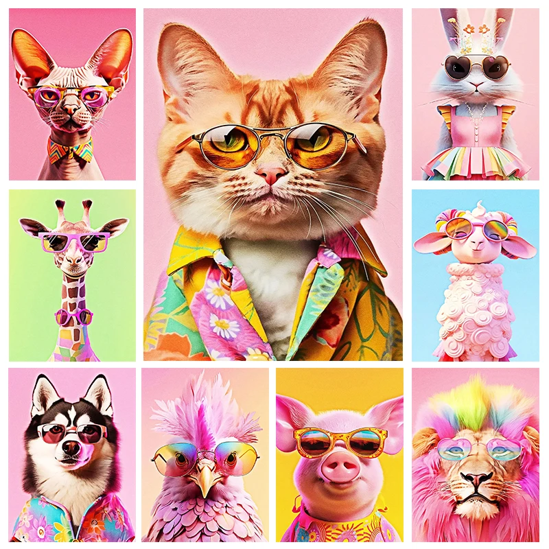 Modern Funny Animals Pop Art Poster Canvas Paintings And Prints Wall Art Lion Giraffe Portrait with Fashion Glasses  Home Decor