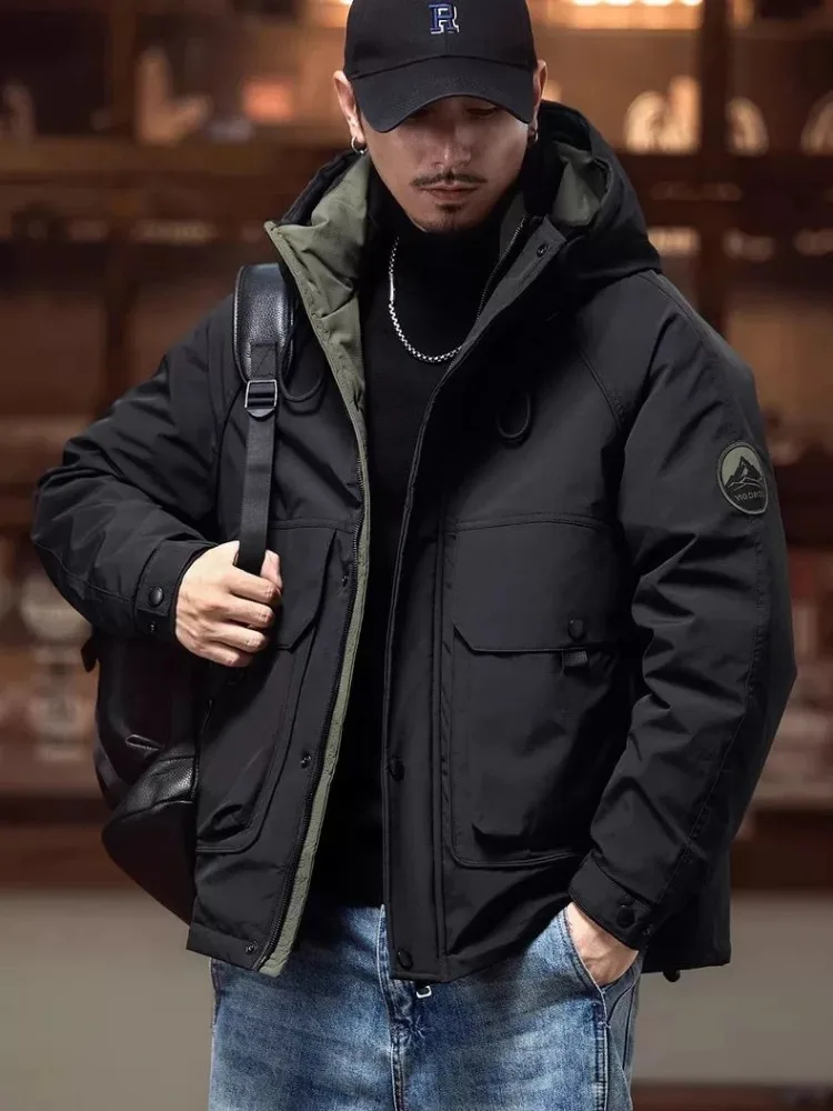 Jaket Pria Ukuran Besar Model Vintage Cargo, Jaket Tebal Hangat Musim Dingin, Jaket Bulu Angsa Tebal Berkerudung, Tahan Angin, Model Longgar, Mantel Baru