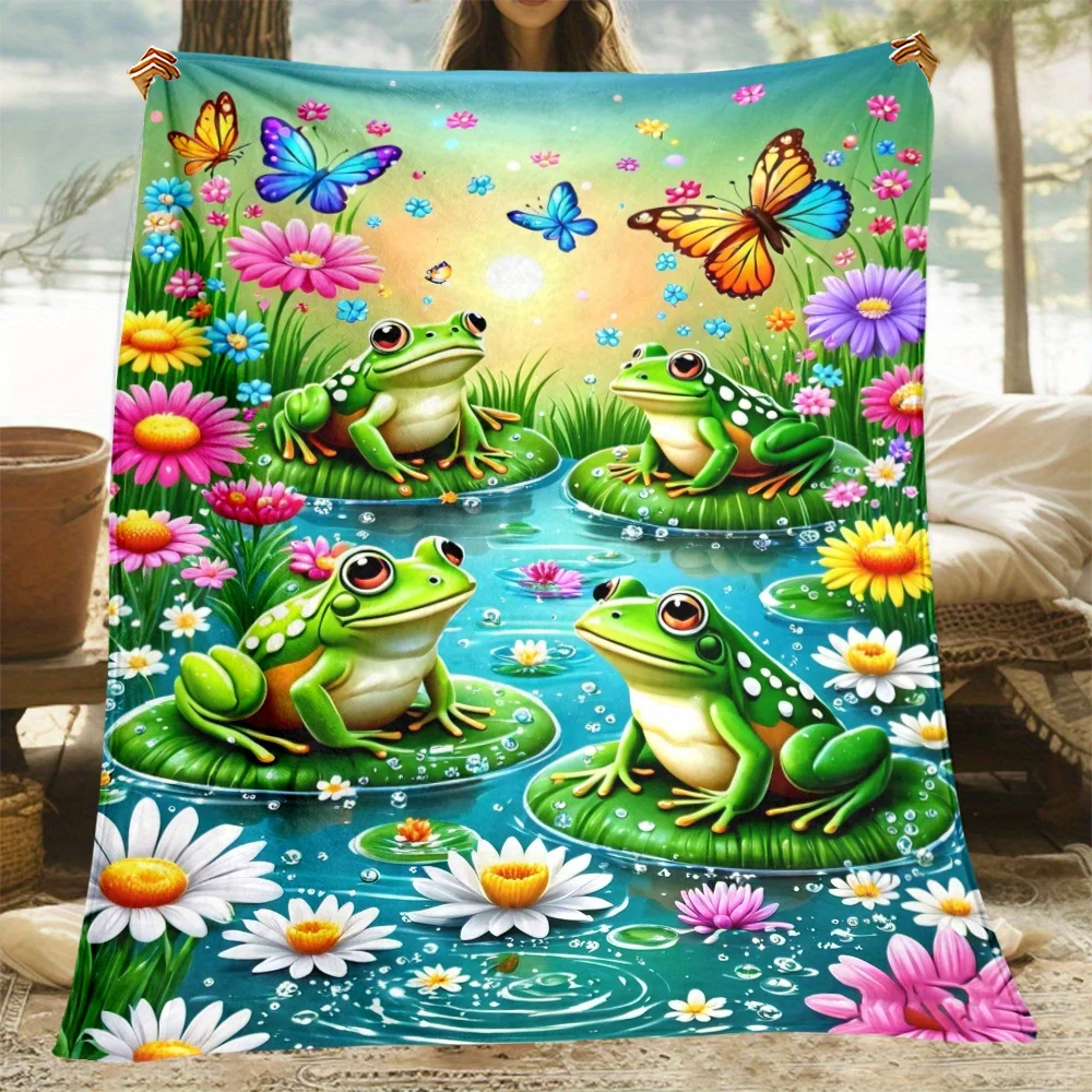 Pond Frog Flannel Blanket, Cozy Knit All Season Throw, Lightweight for Sofa Office, Whimsical Nature Themed Decor