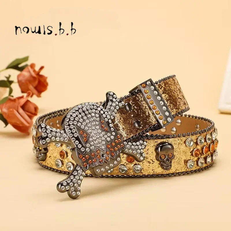 

NEW Rhinestone Western Belt Luxury Brand Studded Belts for Men Strap Diamond Bling SKULL Belts Cowgirl Cowboy For Jeans Y2K