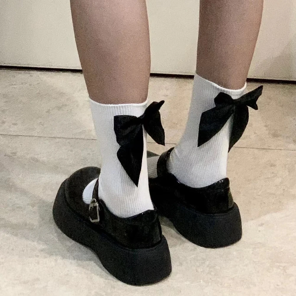 1 Pair Women Black Bow Kawaii Socks Spring White Japanese Cute Harajuku Sweet Style Lolita Female Short Crew Mid Socks Girl Gift