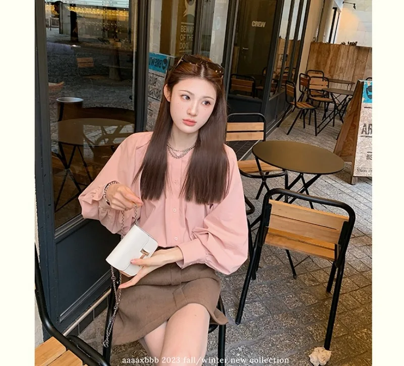 

Korean Fashion Loose Casual Lantern Sleeve Shirt Women's Round Neck Button Style Inner Style Solid Color Top Female Clothing