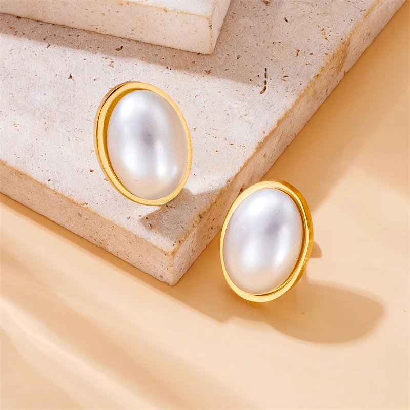 DIEYURO 316L Stainless Steel Large Oval Pearl Stud Earrings For Women Fashion New Ear Jewelry Lady Gift Party серьги женские