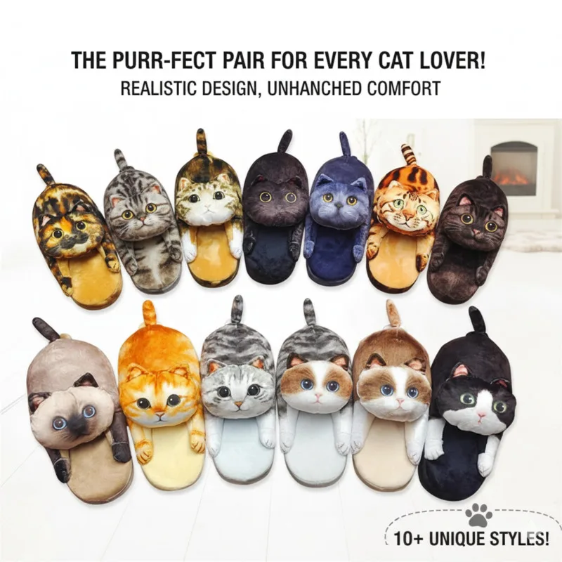 

Cat EVA Luxury Slippers Y2K Women Cute Plush Anti-Slip Cotton Shoes Realistic Cat Cotton Shoes Gift Box Girls Home Slippers New