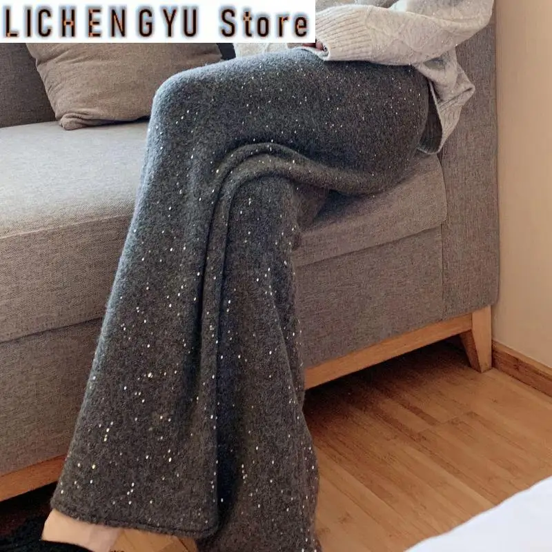 

New Starry Sky Pants for Women, Sequined Knitted Pants for Autumn Winter Drapey Wide-leg Pants for Women Floor-length Pants