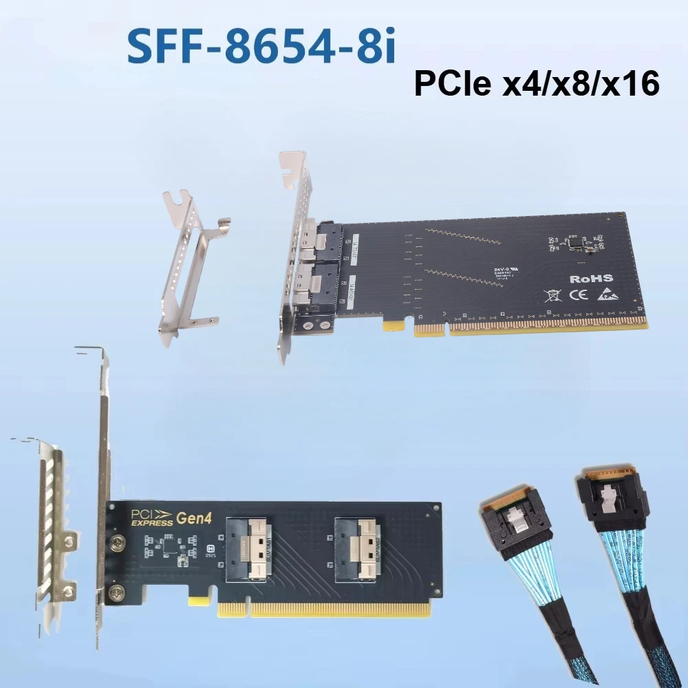 PCIe 4.0 X16 To SlimSAS 2* SFF-8654 8i Adapter Card Split X4X8 Dual Ports 3.0 U.2 NVMe SSD Expansion External For Desktop Server