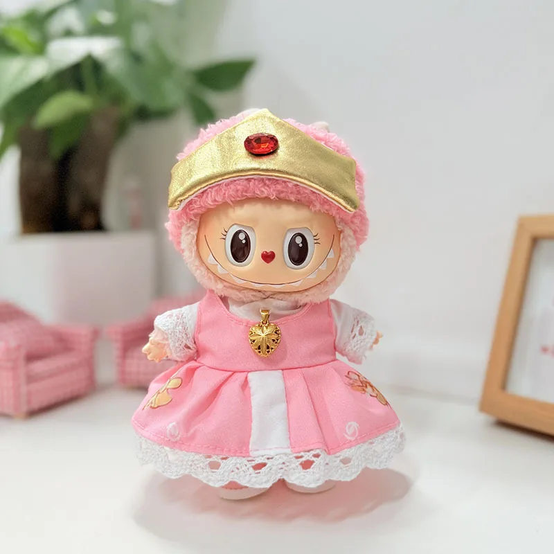 

15/17cm 1st to 3rd Gen LABUBU Clothing Noble Court-Style Set With Ruby Crown Pink-Trimmed Dress / Princess Shoes For Party