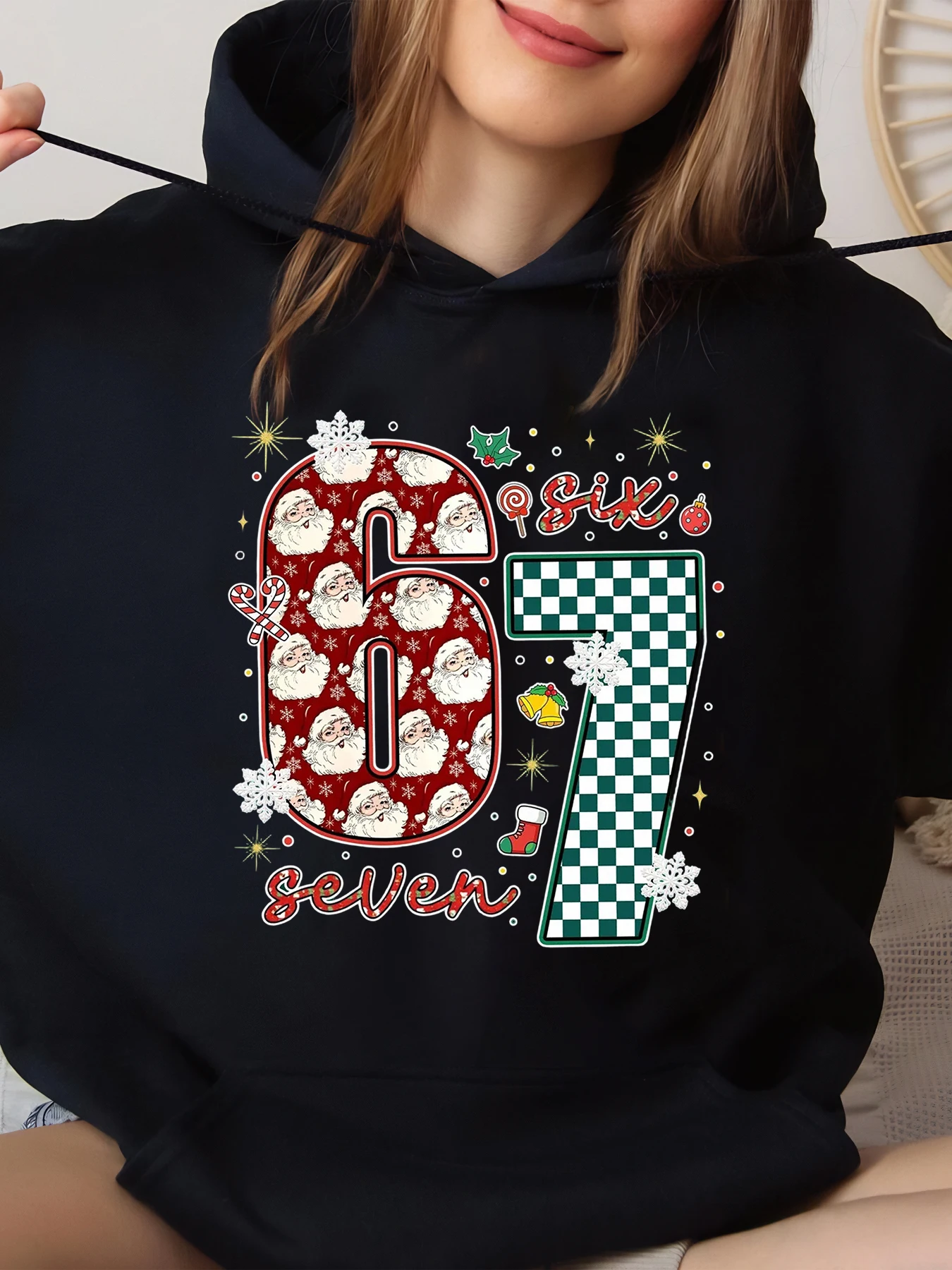 

Рождественская толстовка с принтом «Шесть семи» Санта-Клауса, праздничная повседневная одежда, черный, большой размер