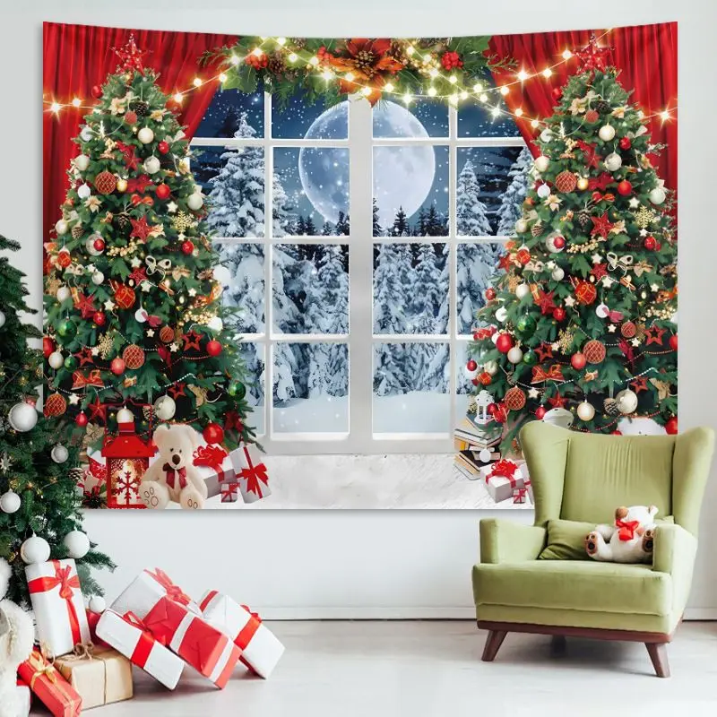 VIKAMA Stone Fireplace Christmas Tapestry, Cozy Wall Hanging Background Cloth for Living Room Festive Decor