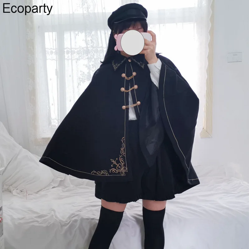 New Women\'s Gothic Lolita Cape Coat Black Lapel Gold Embroidery Tuxedo Cloak For Women Japanese Loli Style Punk Cape Outerwear