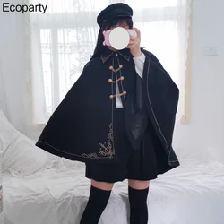 New Women's Gothic Lolita Cape Coat Black Lapel Gold Embroidery Tuxedo Cloak For Women Japanese Loli Style Punk Cape Outerwear