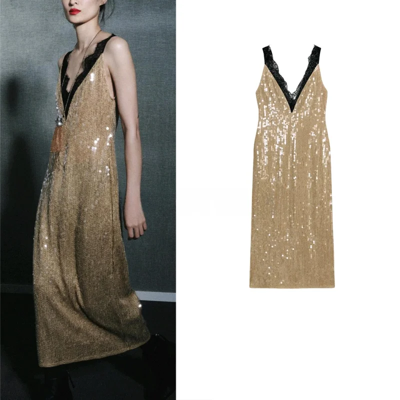 Ele Winter Nowa Damska Sukienka z Dekoltem w Serek, Szerokimi Ramiączkami, Prostym Dołem, Kolorowym Blokowaniem, Koronką z Koralików, Wykonana z Poliestru, Wyszczuplająca, Luźny Krój