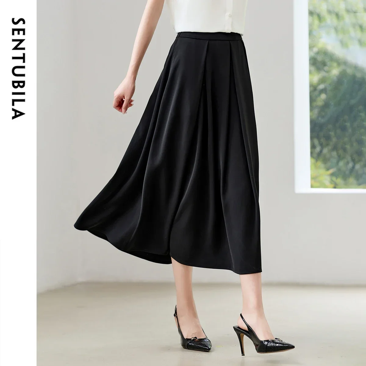 

SENTUBILA New Arrivals Women's Summer Black Midi Skirt 2026 Retro A Line Skirts Side Pockets Commuter Woman Clothes 152QG8802