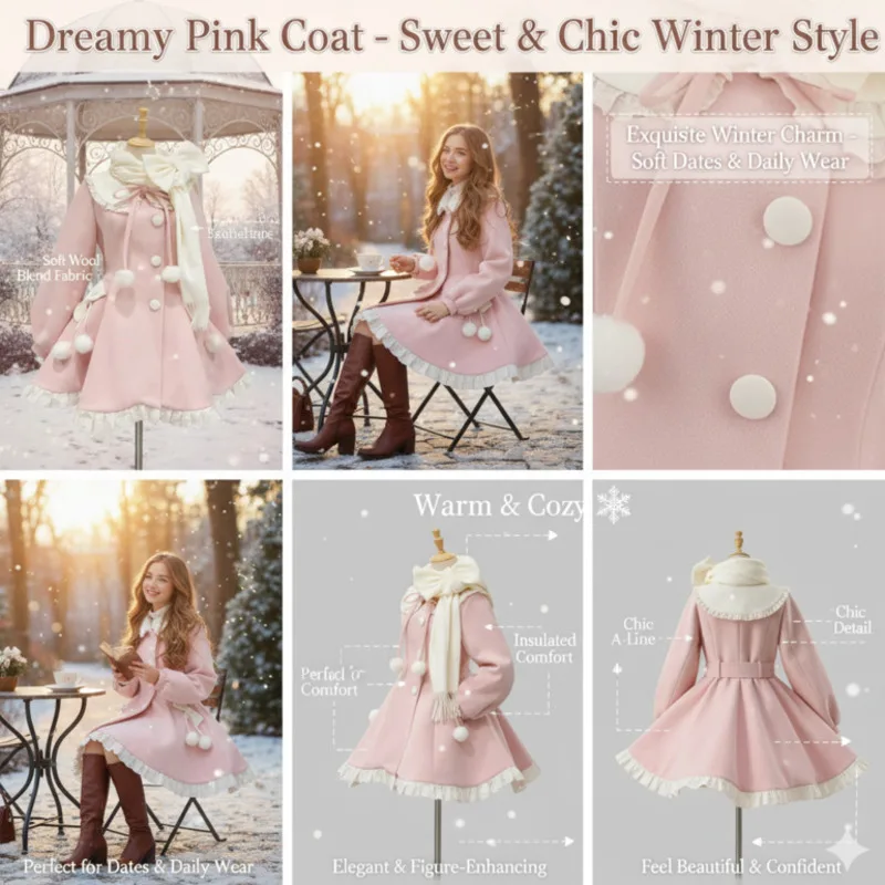 Bow Dresses Midi Dresses Chic Fall Winter Wool Coat Scarf Set Sweet Petite Women Two-Piece Outfit Elegant Soft Warm Layered Set