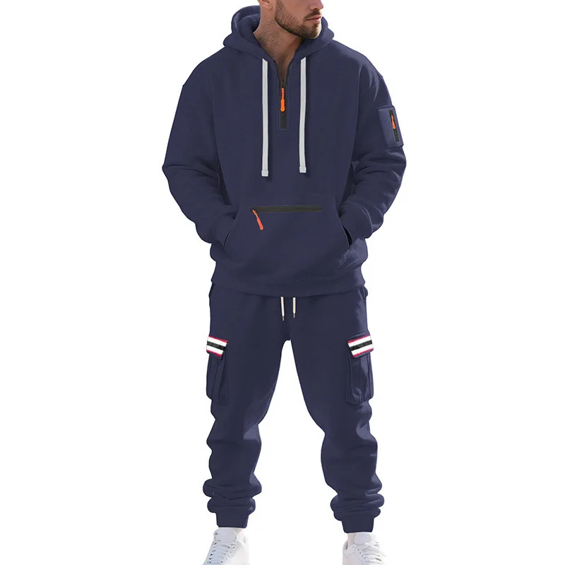 New Winter Heavy Fleece Men's Outdoor Tooling Tracksuit, Thermal Casual Commuter Trendy 2 Piece Sweater Set