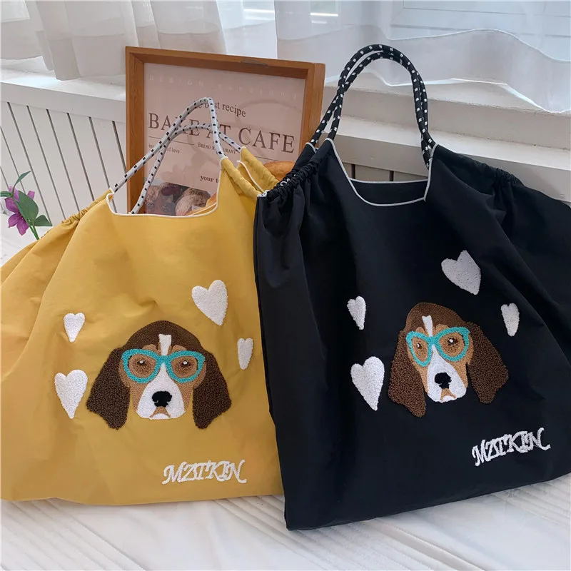 Large Dog Embroidery Eco Bags for Women Beagle Dog Shoulder Bag Nylon Shopper Purses Cartoon Designer Handbags Ball Recycle Tote