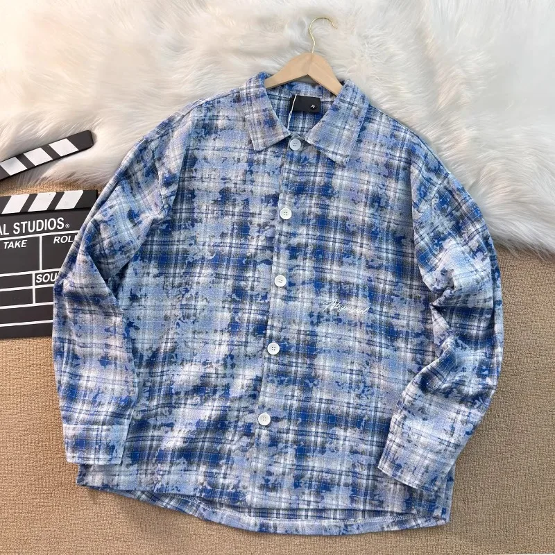 

American Retro Embroidery Letter Checkered Long Sleeve Shirt Tie Dye Splatter Coat Casual Versatile Tops Men Women V-shape Shirt