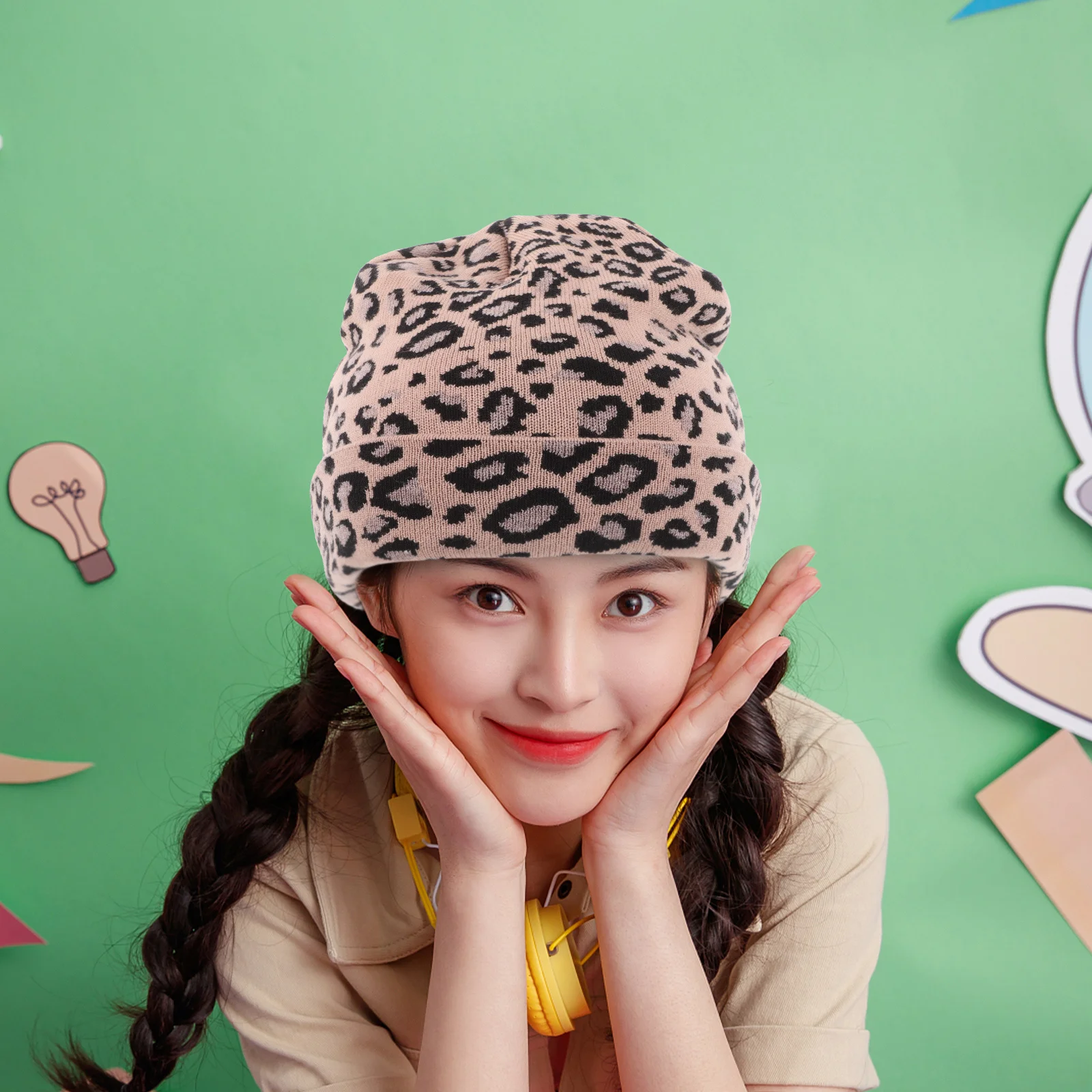 

Khaki Leopard Warm Knit Beanie Hat Woman Soft Comfortable Winter Knitted Hat One Size Fits Most Fashion Autumn Outdoor