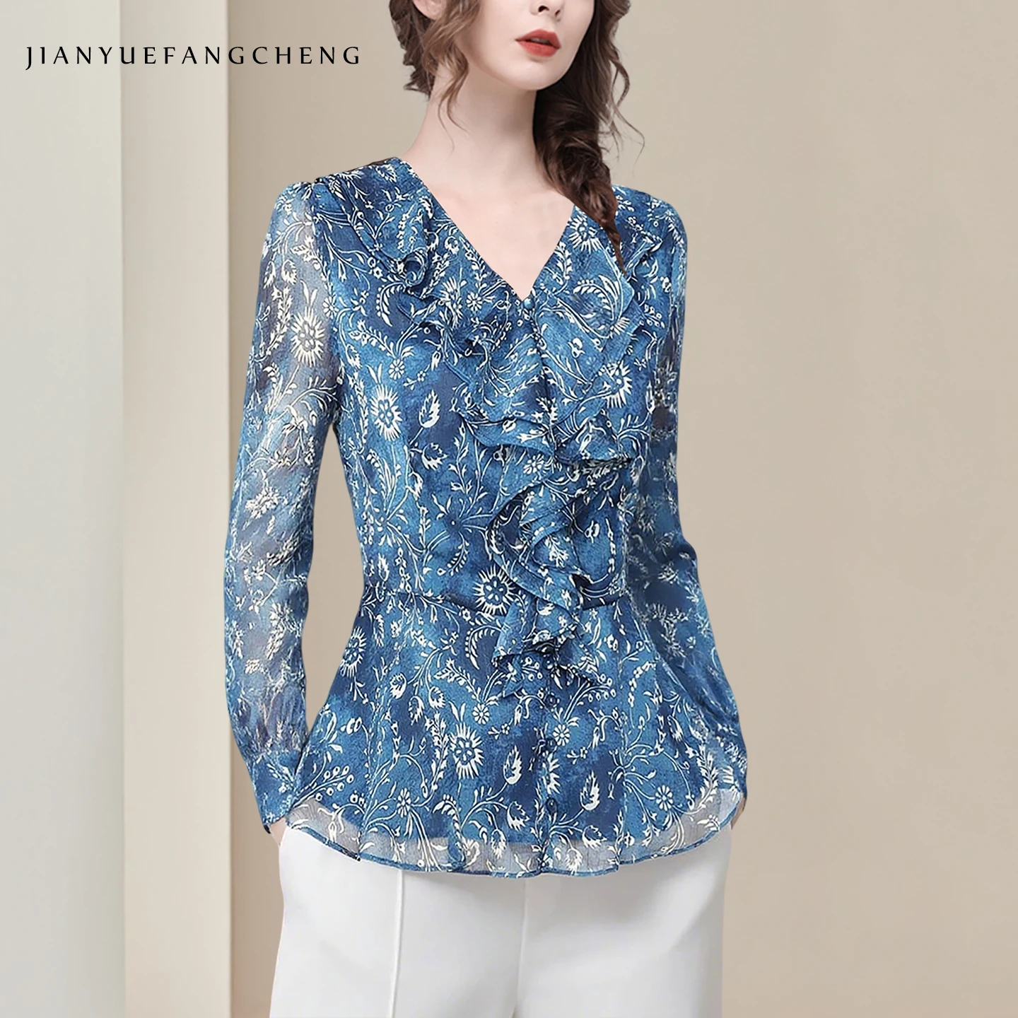 

Long Sleeve Floral Print Chiffon Top For Women Elegant Slim V-Neck Ruffles Trim Button-down Shirt Casual Office Blouses