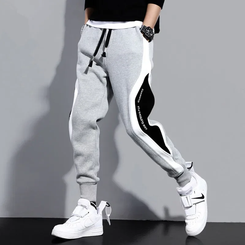 Spring Autumn Men's Wide Loose Casual Pants Mens Patchwork Nine-point Sports Pants Elastic Rope Breathable Tie-foot Trousers