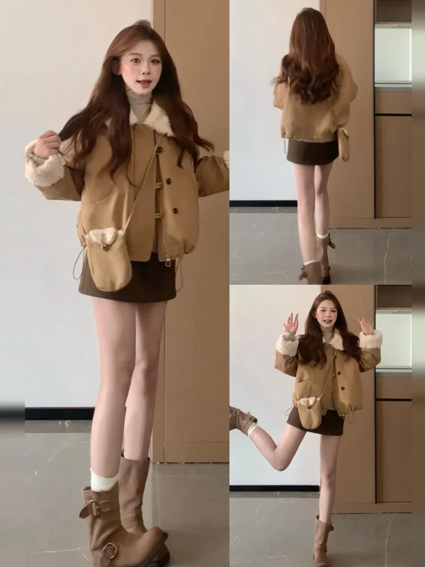 

Lamb Fur Collar ort Jaet Women's Korean Sle Winter Coat Warm Straight Tube Design Long Sve Dstring Bot