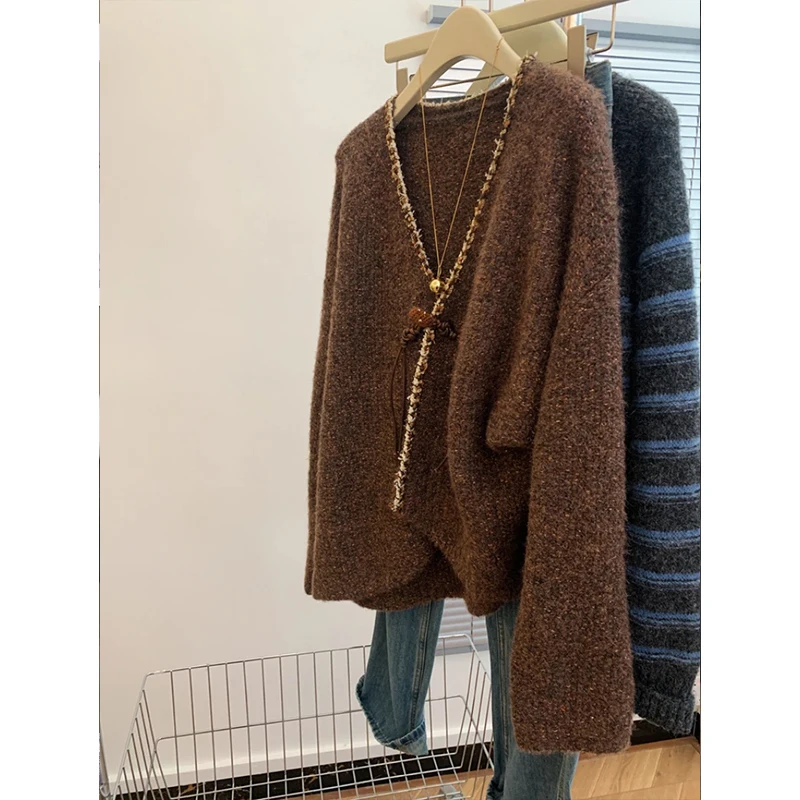 

Свободный вязаный кардиган с V-образным вырезом для женщин, осенняя новинка, элегантный повседневный стиль, однотонный, с длинными рукавами