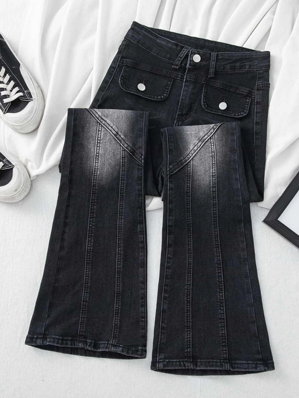 Retro Black High Waist Flared Jeans Women Spring Autumn Oversized Slim Flare Denim Pants Female All-match Straight Casual Pants