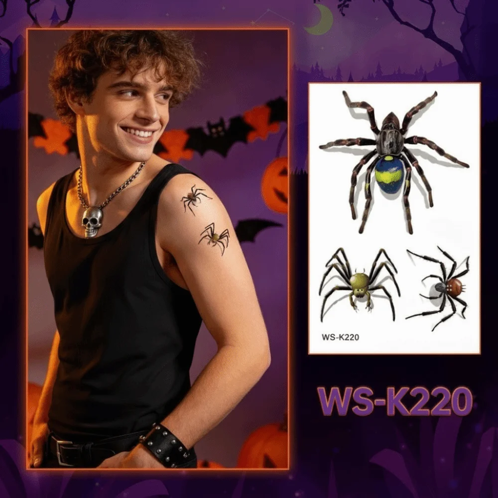 Cosplay Waterproof Halloween Temporary Tattoo Realistic Disposable Spider Tattoo Terrifying Halloween Face Tattoo Party Use