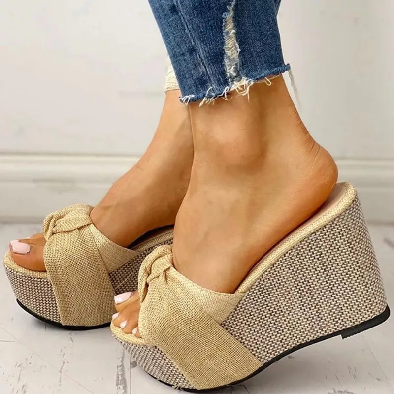 موضة إسفين فم السمكة المرأة النعال الصيف حجم كبير أحذية نسائية مع القوس 35-43 الصنادل عالية الكعب النعال #4