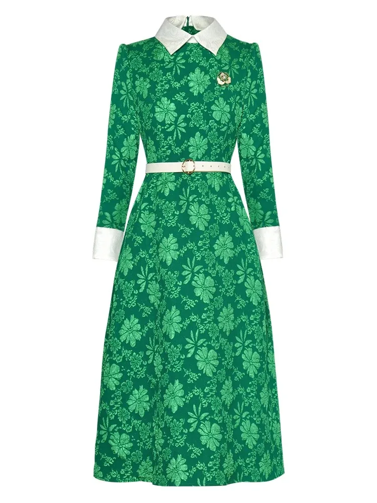 Spring Autumn Fashion Runway Green Vintage Jacquard Dress Women Lapel Long Sleeve Brooch Sashes Gathered Waist Slim Long Dresses