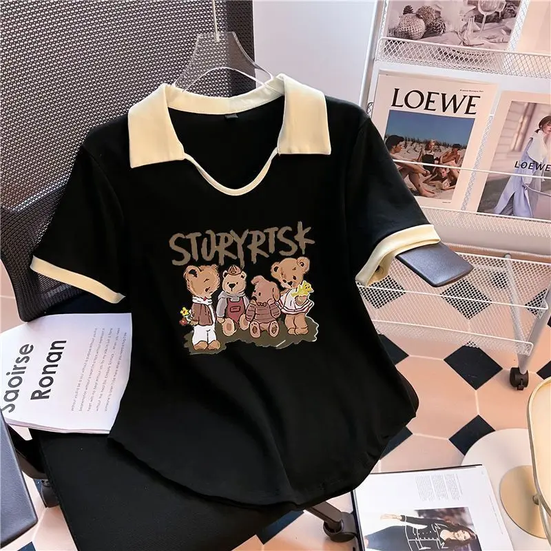 

Women V Neck Bear Printed T Shirt Summer Office Curved Hem Pullover Top