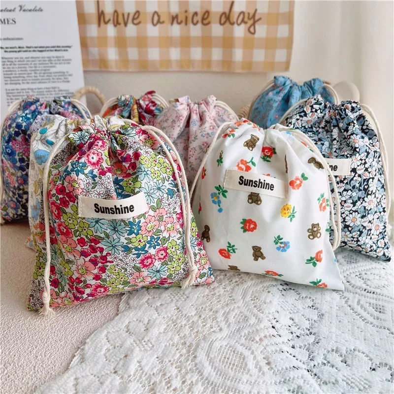 Printed Flower Mommy Bag Baby Diaper Bag Cotton Nappy String Pocket Stroller Carry Pack Travel Outdoor Diaper Storage Bag