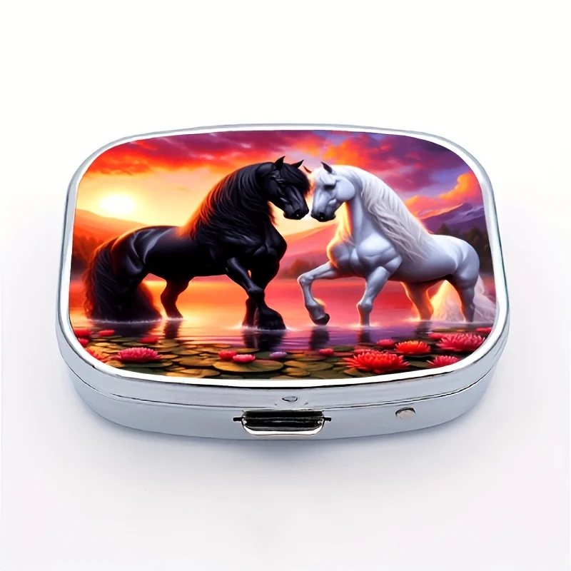 Metal Medicine Box with a Sunset Horse Pattern, 2 Compartments, Suitable for Travel, Cute Medicine Storage Box for Storing Vitamins, Medications, Fish Oil, and Fits in a Wallet and Is Easy to Fit in a Handbag