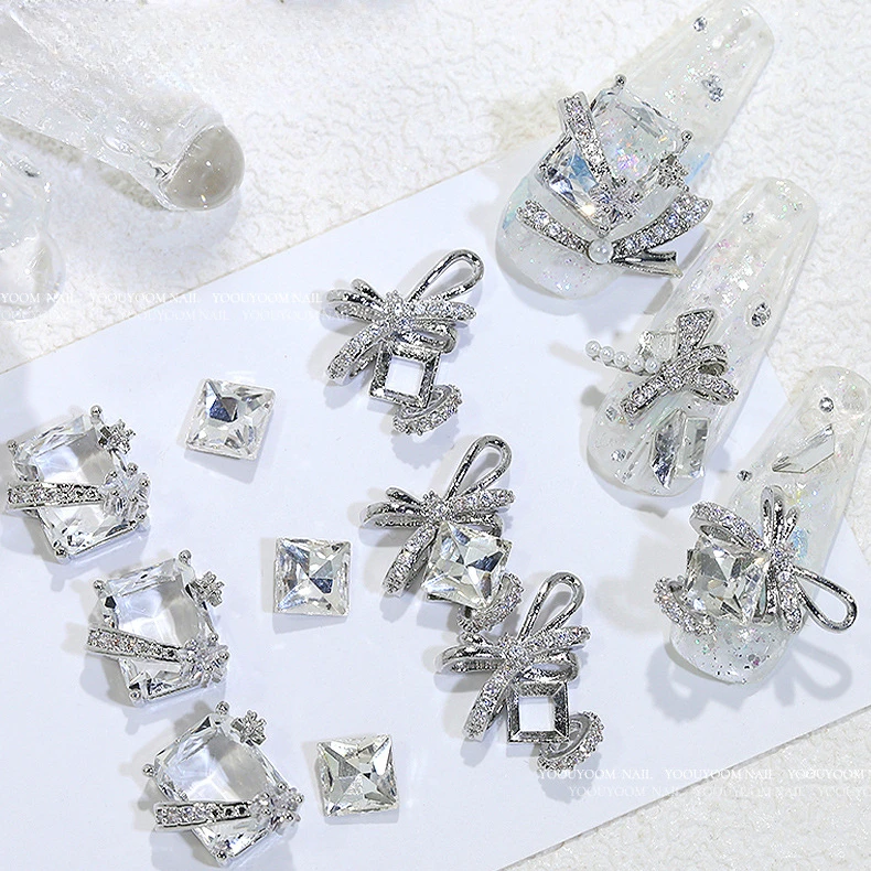 10pcs Shiny Long Rectangle and Heart-shaped Rhinestone Nail Art Decorations with Bowknot Design DIY 3D Nail Accessories