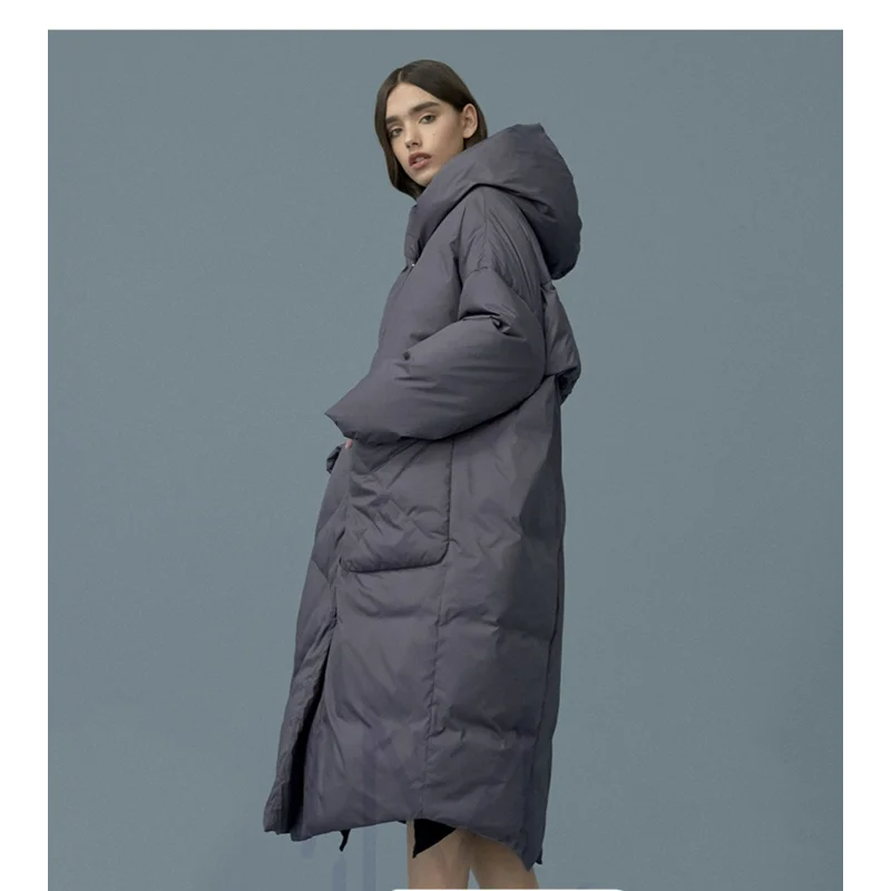 Women Waterproof Down Jackets Hooded Windproof Thick Coats Large Size White Duck Trend Over The Knee Keep Warm Slit Loose Solid