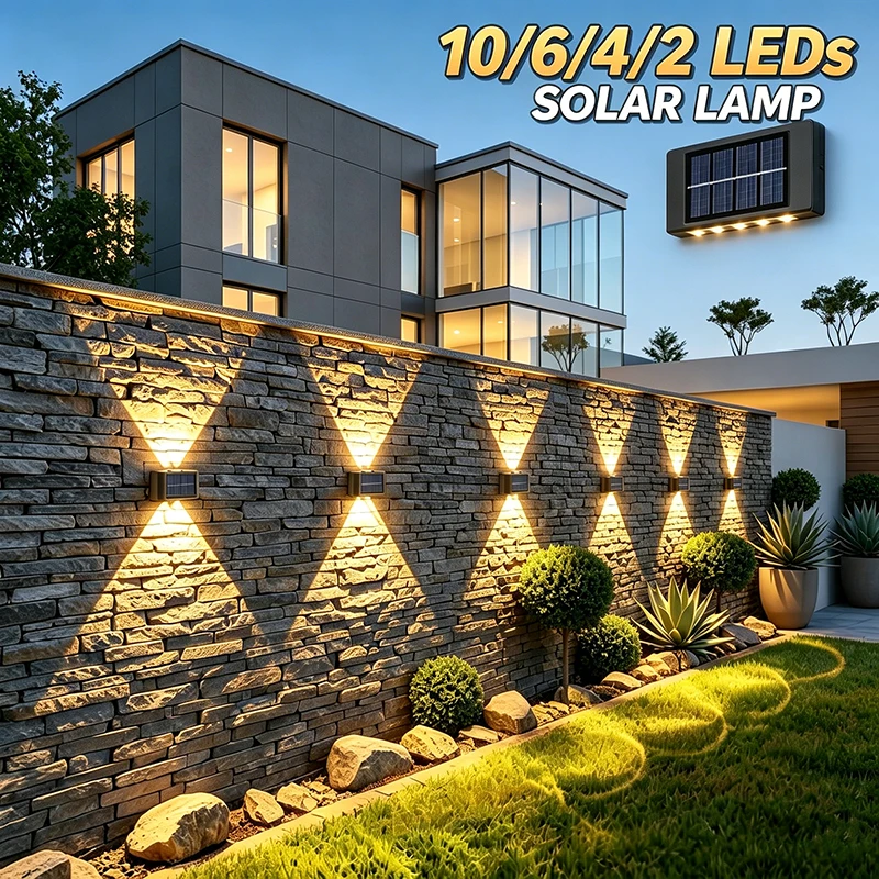 Lámpara Solar LED con Iluminación Superior e Inferior, Lámpara de Pared Solar Impermeable, Luz Exterior para Calle, Garaje, Patio, Jardín, Decoración