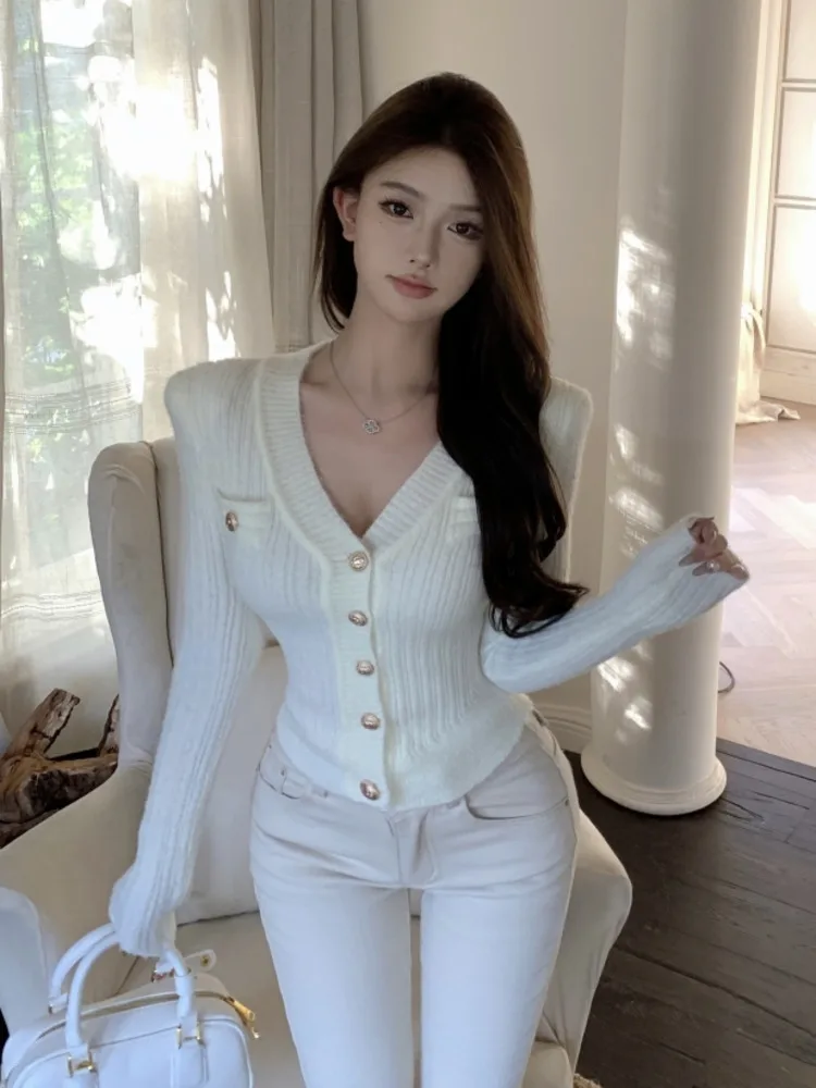 Elegant Long Sleeve V-neck Slim Knitted Cardigan 2024 Spring New Fashion Casual Sweater Coat Korean Spicy Girl Y2k Knitwear Tops