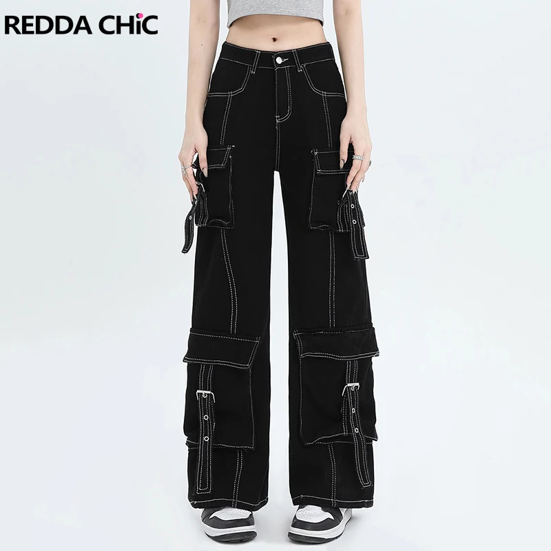 

ReddaChic White Seamed Baggy Jeans Women Y2k Belted Pockets Cargo Pants Loose Casual Straight High Rise Trousers Acubi Fashion