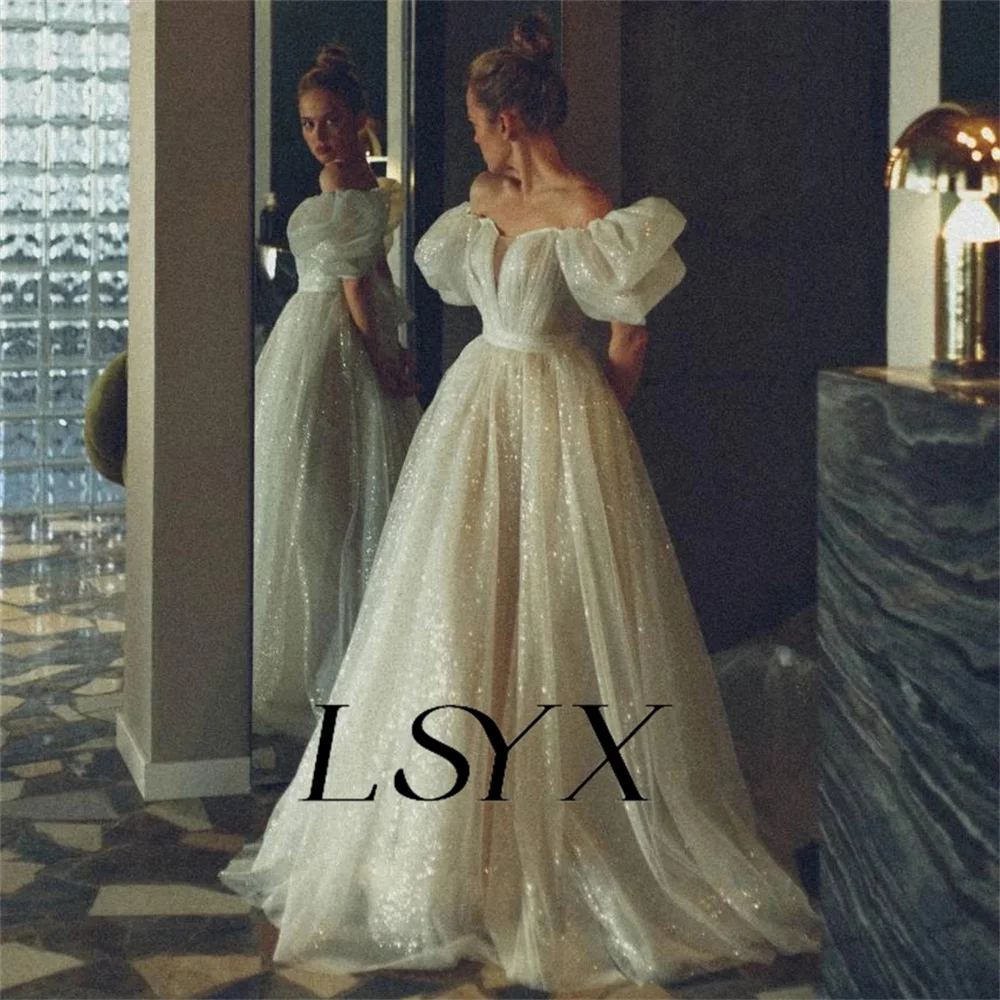 LSYX Off-Shoulder Puff Sleeves V-Neck A-Line Shiny Tulle Wedding Dress For Women 2023 Pleat Zipper Back court Train Bridal Gown