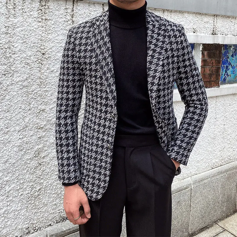 

Men 2023 Autumn Winter New Notched Lapel Suit Jackets Male Houndstooth Business Casual Coats Men Plaid Wedding Blazers I417