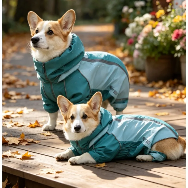 2026 Full Coverage Color Block Dog Raincoat Four Leg Waterproof for Corgi Dachshund Small Medium Dogs Outdoor Wet Weather Wear