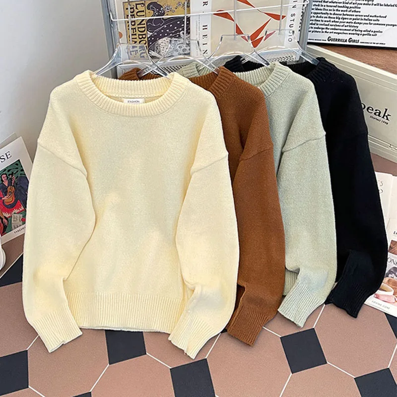

Men's Solid Color Simple Sweater French Casual Fashion Round Neck Knitted Tops Autumn Winter Warm Loose Male Pullover Top