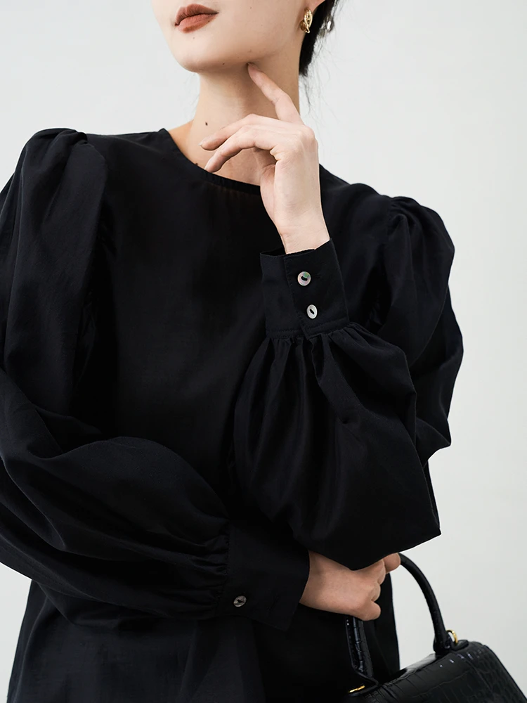 Spring Rayon Feminine Round Neck Shirts Long Sleeves Loose Versatile Lightweight Temperament Solid One Buckle On The Back Tops