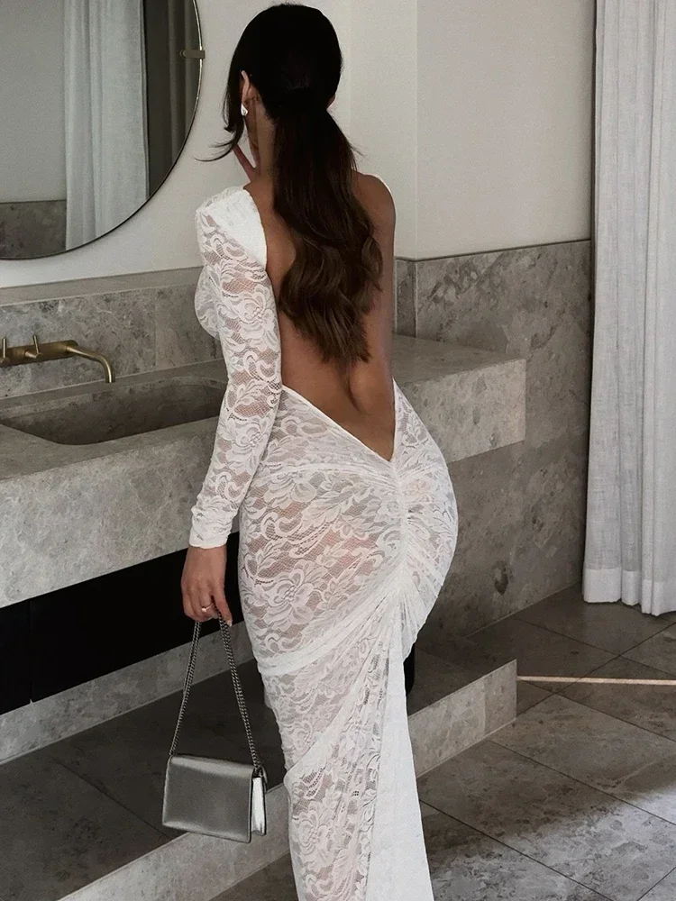 XIZOU See Through Lace Sexy Maxi Dress For Women Sheer Long Sleeve Backless Bodycon Evening Sexy Club Party Long Dress