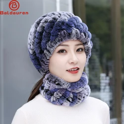 Brand Women Real Rex Rabbit Fur Hat Scarf Sets Natural Warm Rex Rabbit Fur Scarves Hat Winter Lady Real Rex Rabbit Fur Hat Scarf