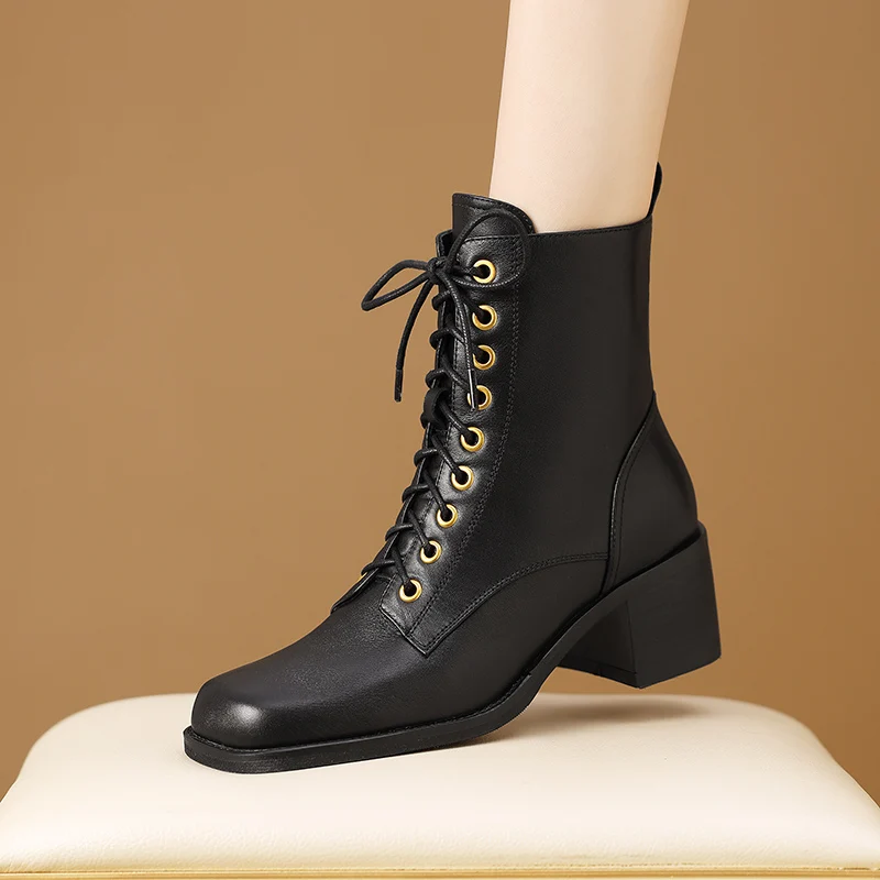 2025 New Autumn Side Zipper Leather Ankle Boots Warm Fashion Short Round Toe Shoes Woman Thich High Heels Street Fashion Boots