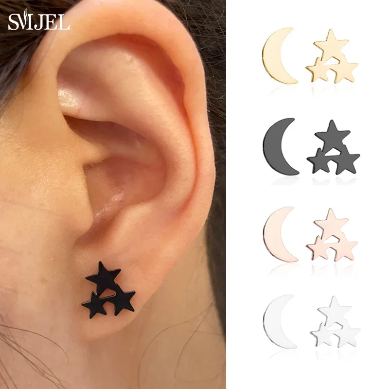 Minimalist Stainless Steel Star Moon Stud Earrings for Women Korean Fashion Crescent Earing Small Jewelry Accessories Party Gift