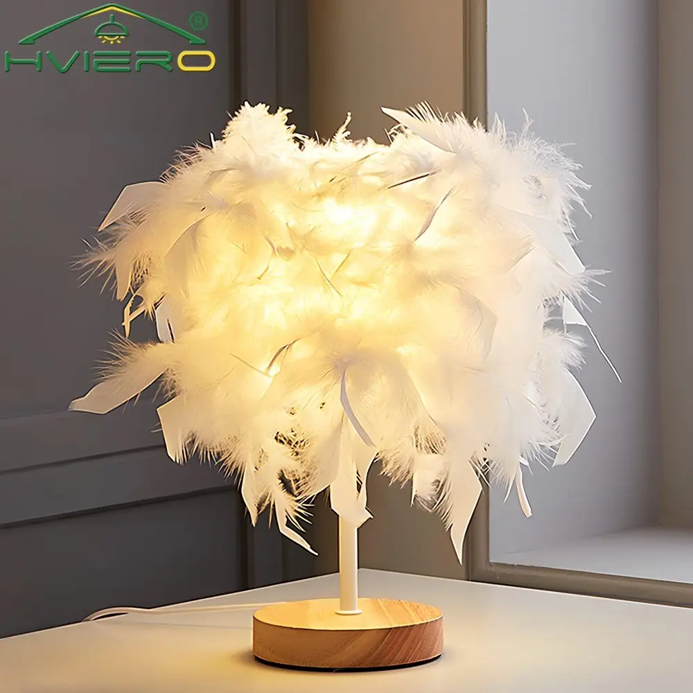 

LED Warm Small Table Lamp Nordic Romantic Creative Feather Wedding Room Net Red in Girl Bedroom Bedside Night Light Illumination